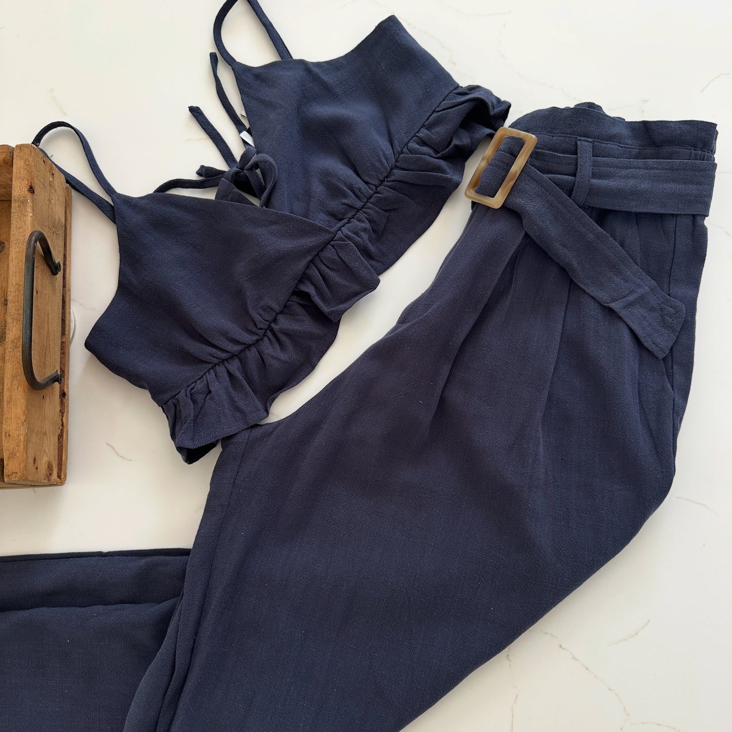 Ruffle hem top and belted paper bag pant set