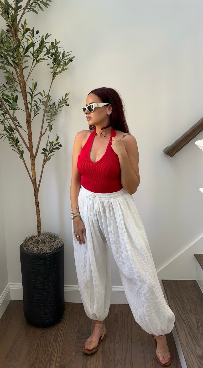 White Ballon Pants Elastic Waist