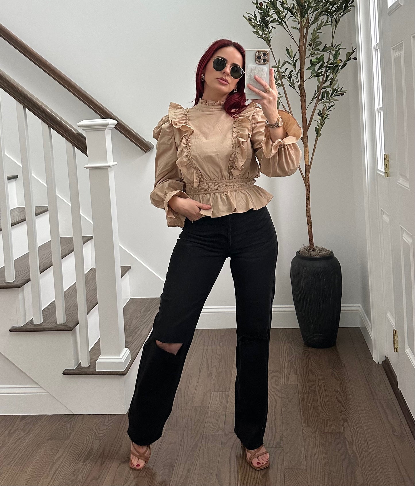 Tan Puff Shoulder Peplum Top