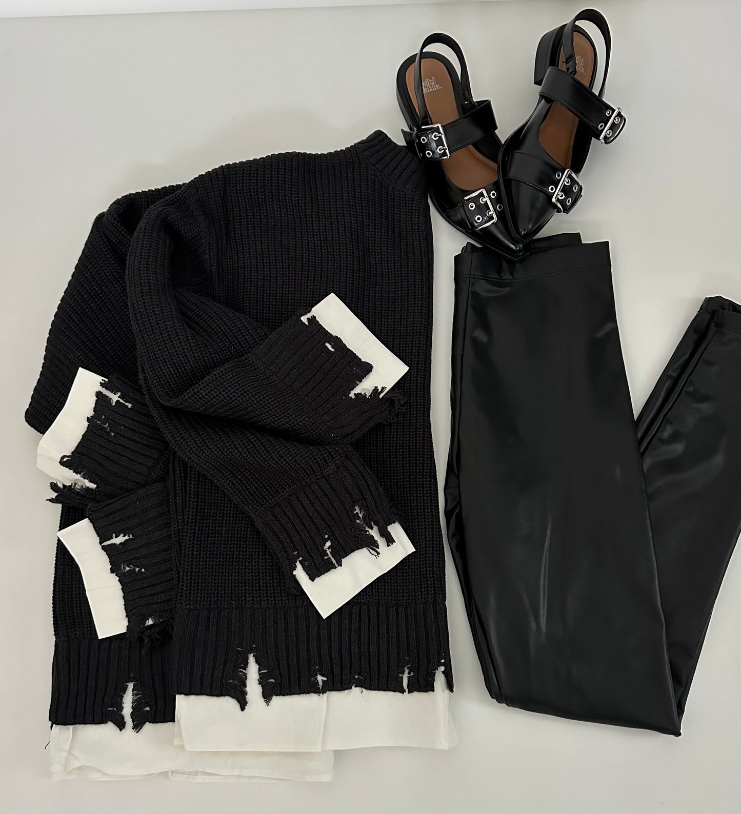 Charcoal Distressed Poplin Contrast Knitted Sweater