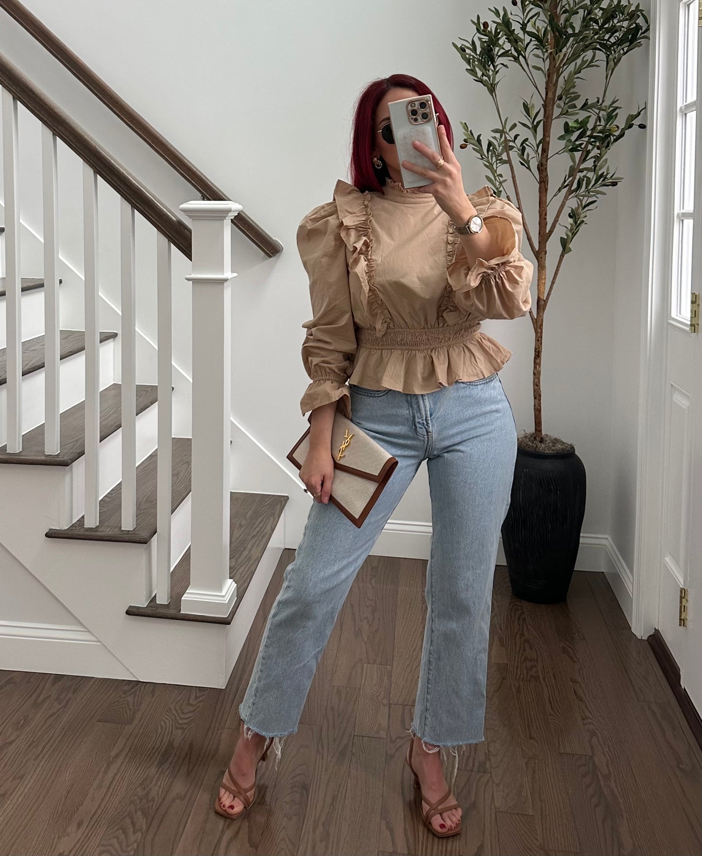 Tan Puff Shoulder Peplum Top