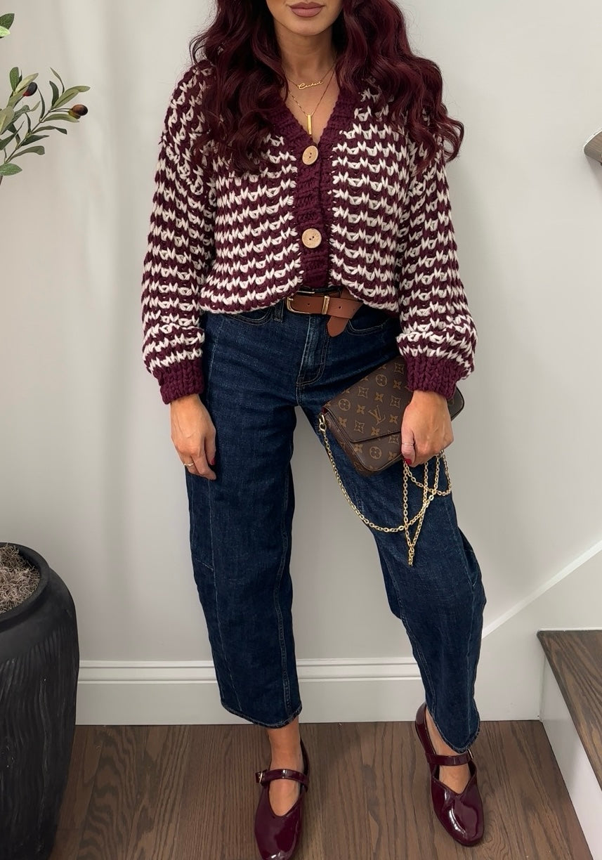 Stripped Maroon Chunky Knit Cardigan