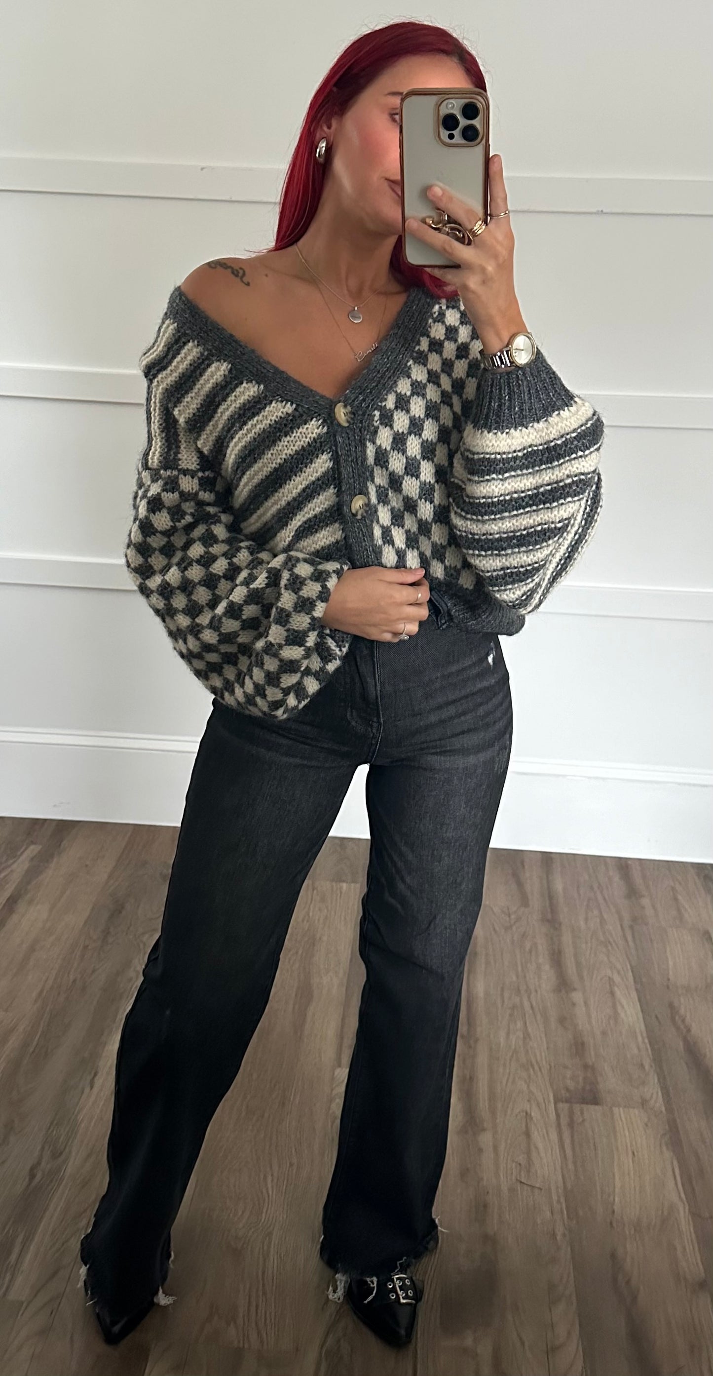 Gray Checkered/Stripped Cardigan
