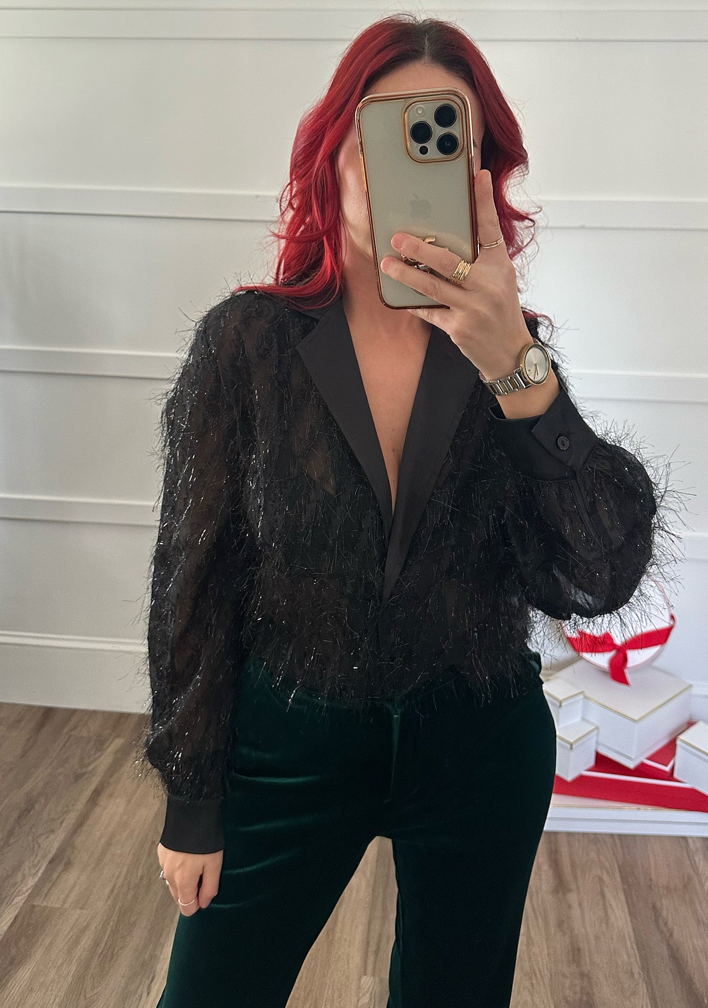 Fuzzy Fringe Button Down Blouse