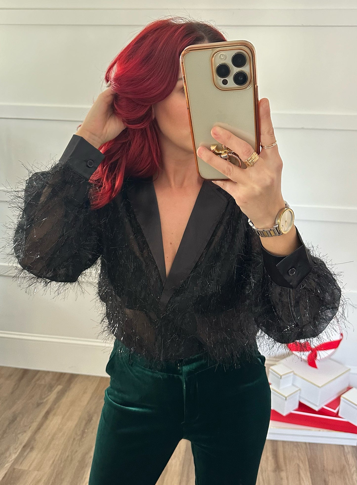 Fuzzy Fringe Button Down Blouse