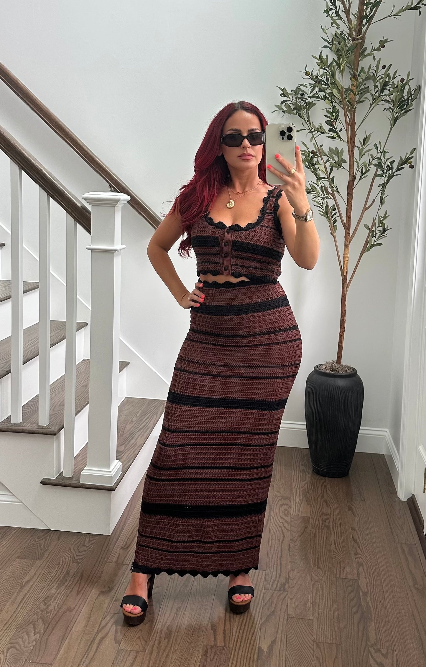 Stripped Knit Maxi Skirt Set