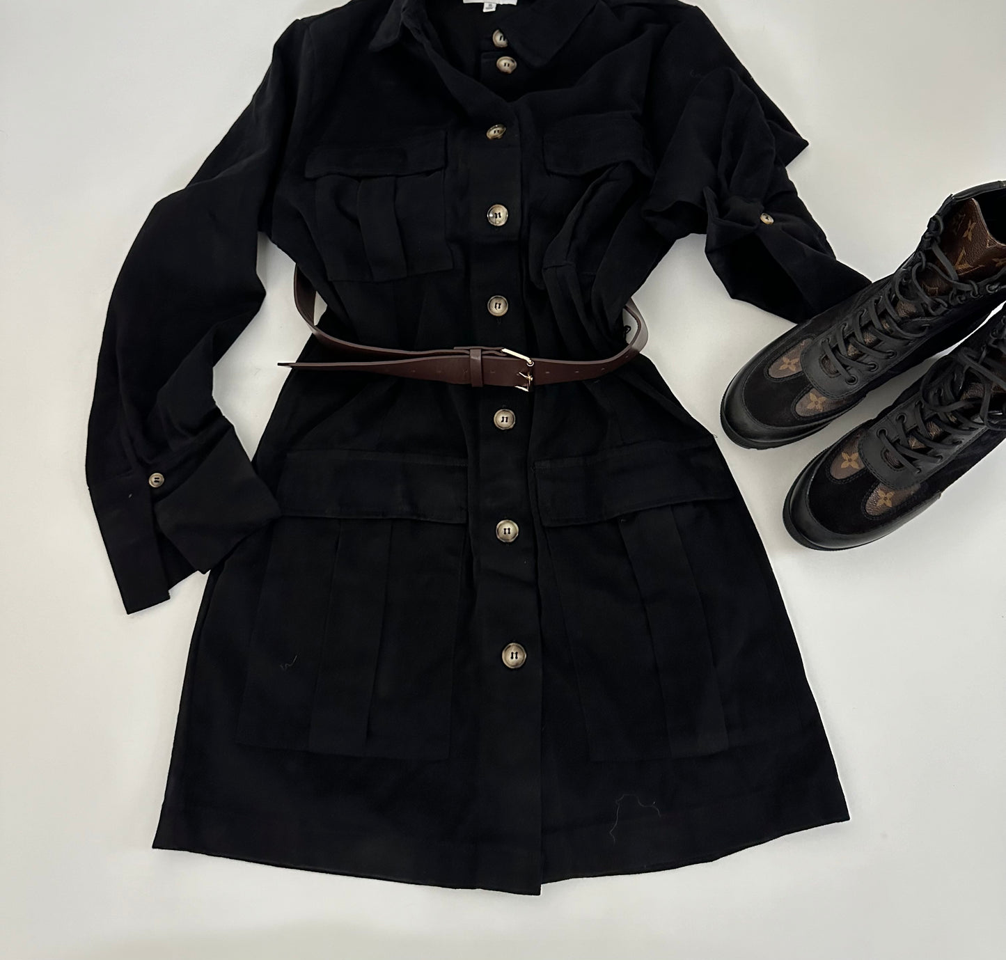 Black Brushed Twill Belted Dress