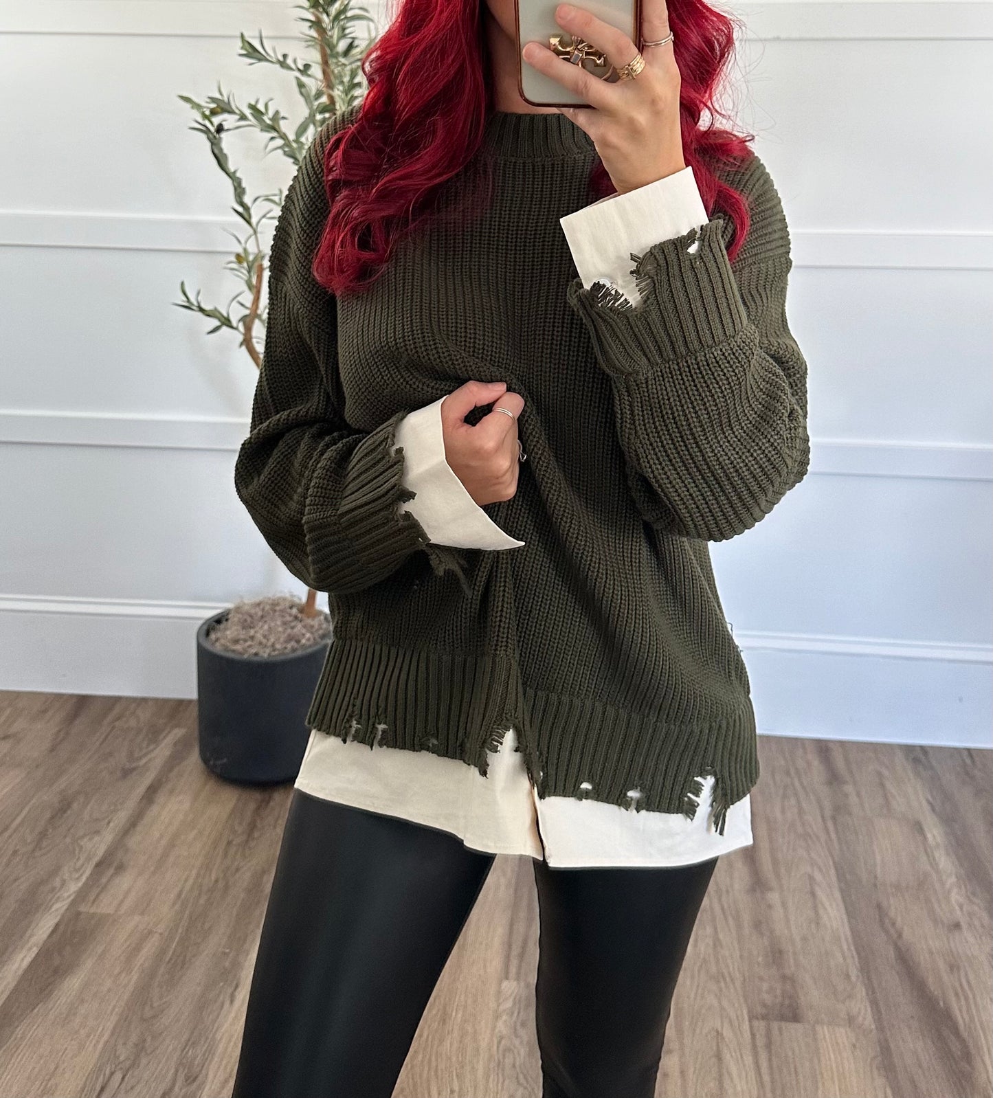 Distressed Poplin Contrast Knitted Sweater
