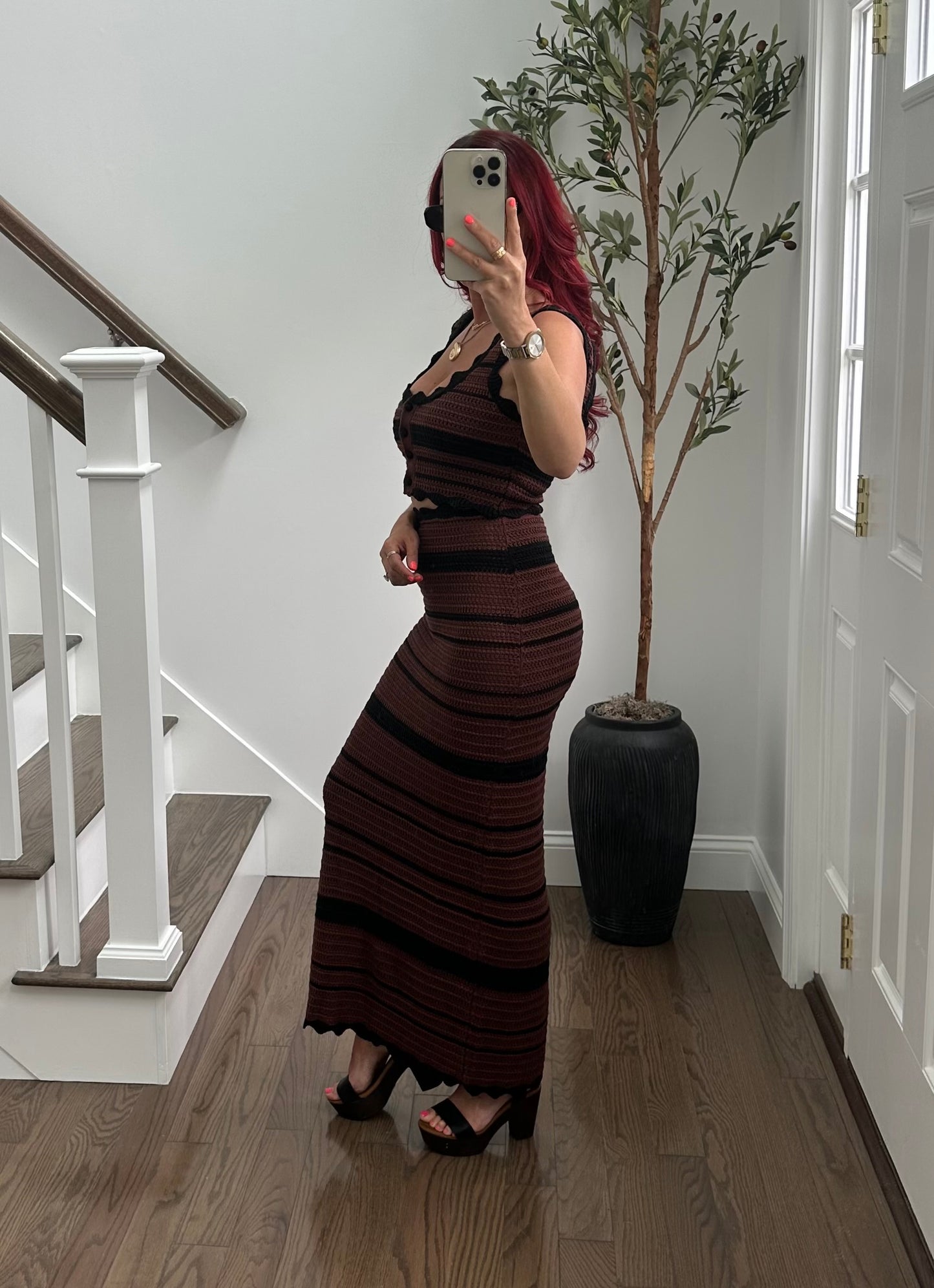 Stripped Knit Maxi Skirt Set