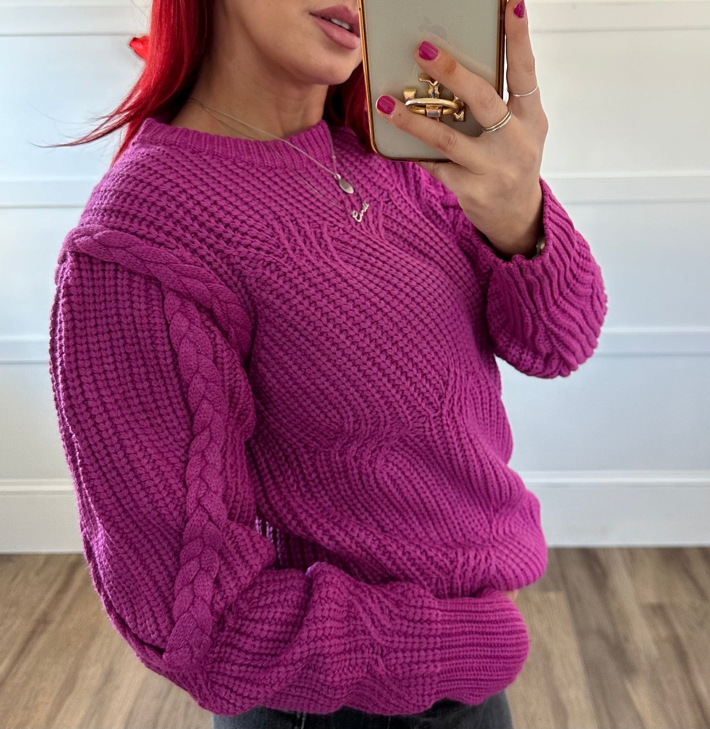 Fuchsia Braided Sleeve Sweater