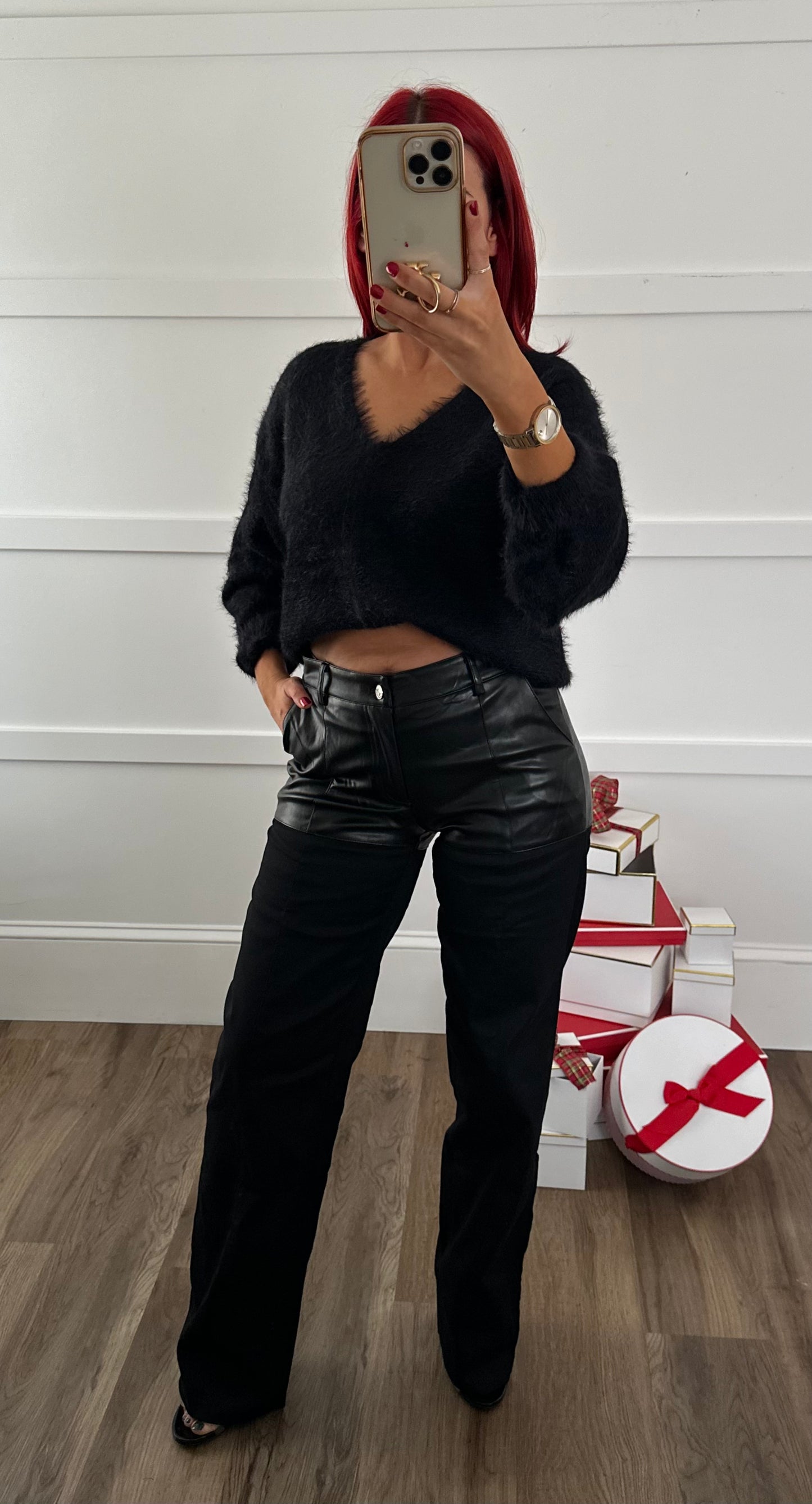 Emma Faux Leather Shorts Detail Straight Leg Pants
