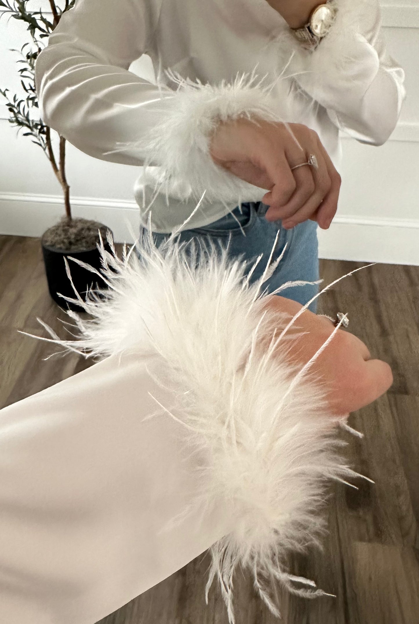 Alana Satin Feather sleeve Button Down
