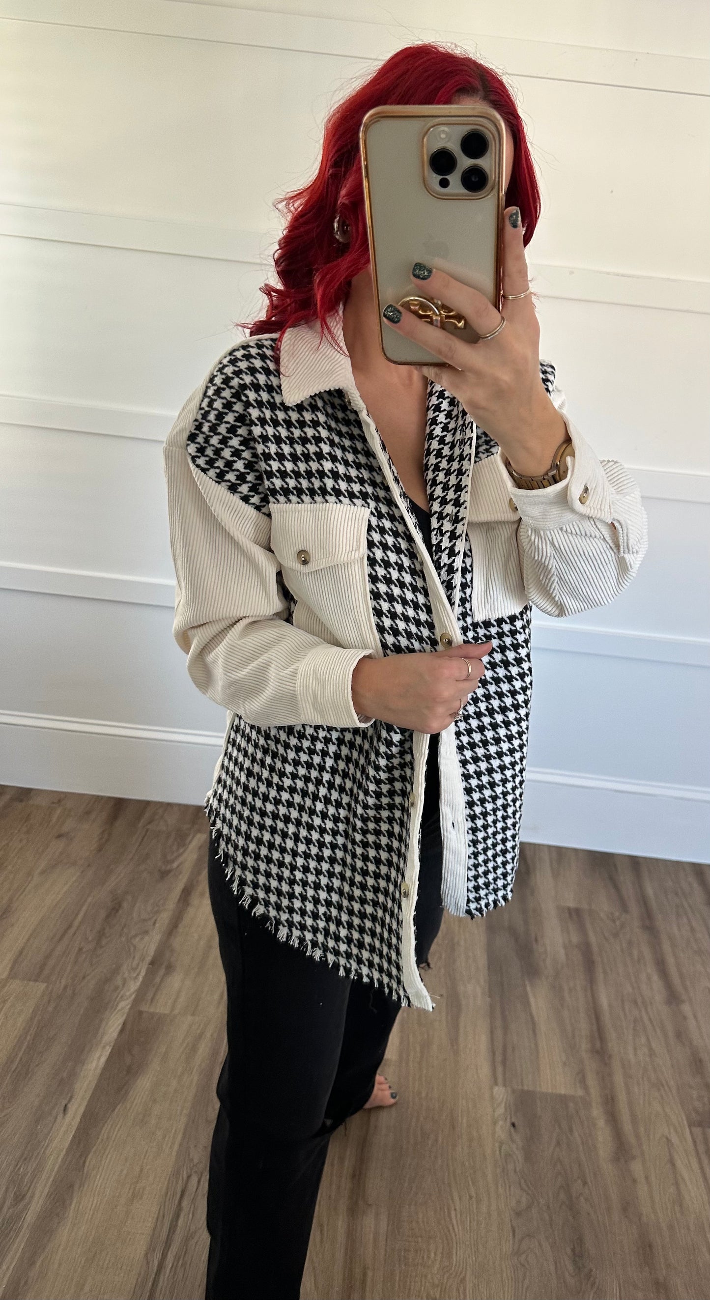 Colorblock Houndstooth Shacket