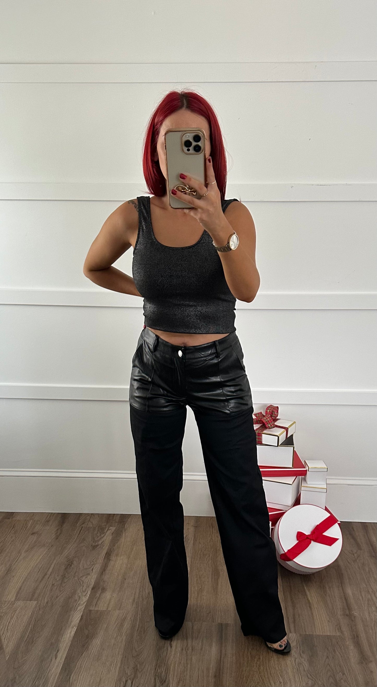 Emma Faux Leather Shorts Detail Straight Leg Pants