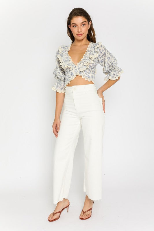 Blue Floral Lace Ruffled Top