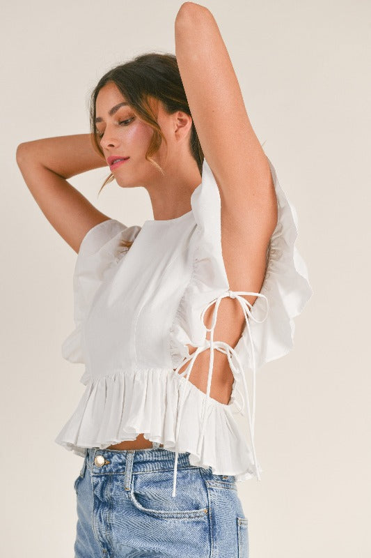 COTTON POPLIN LACE UP DETAIL RUFFLE PEPLUM TOP
