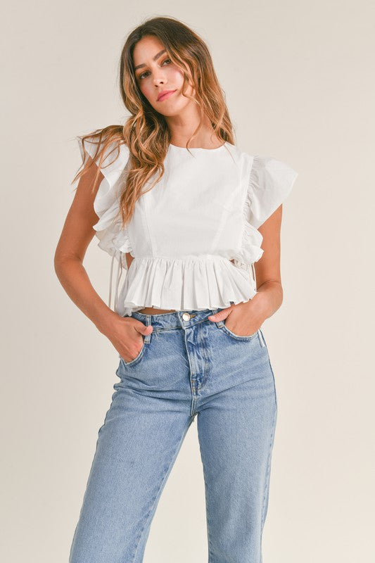 COTTON POPLIN LACE UP DETAIL RUFFLE PEPLUM TOP