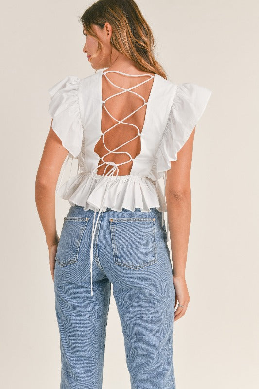 COTTON POPLIN LACE UP DETAIL RUFFLE PEPLUM TOP