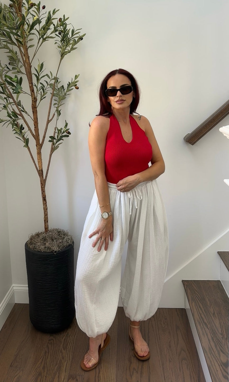 White Ballon Pants Elastic Waist
