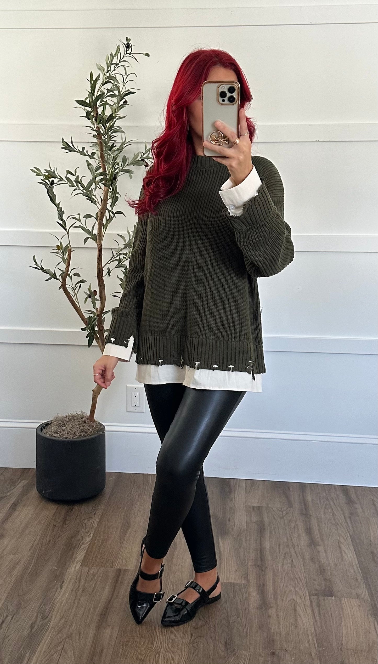 Distressed Poplin Contrast Knitted Sweater