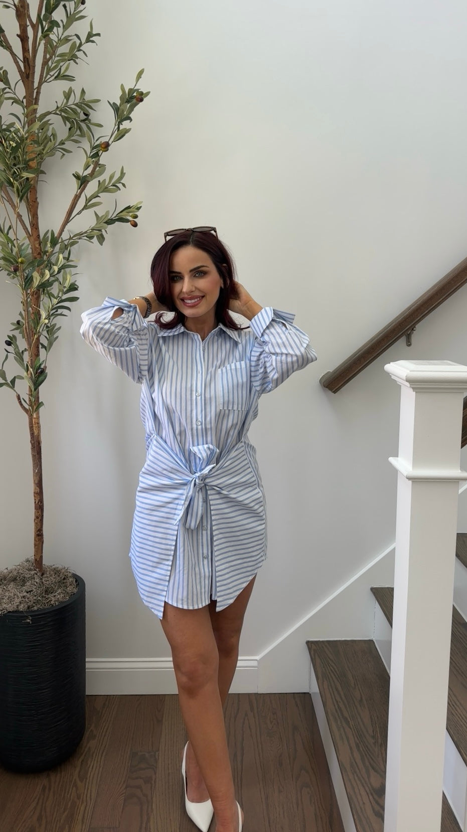 stripped Tie Button Down Dress