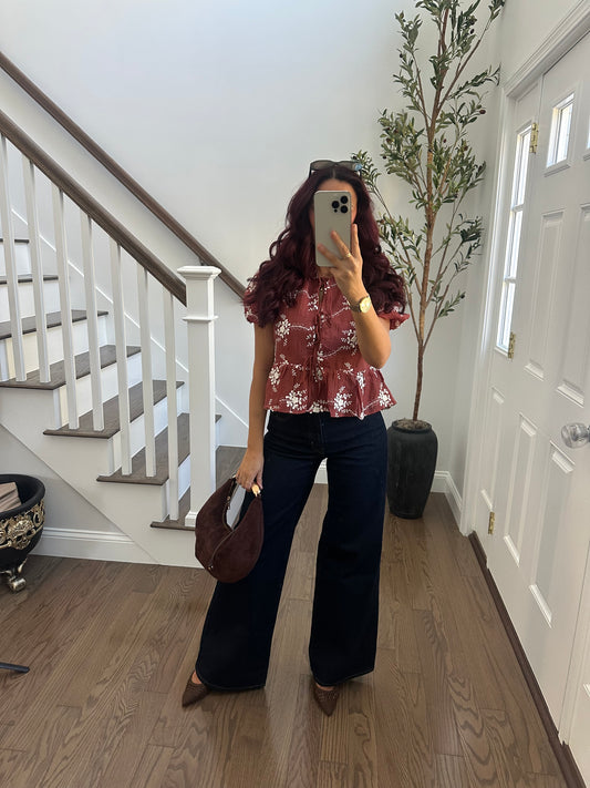 Maroon Peplum 3D Floral Top