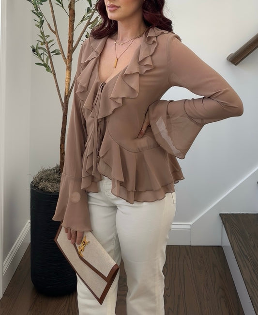Sheer Ruffle Tie Front Blouse