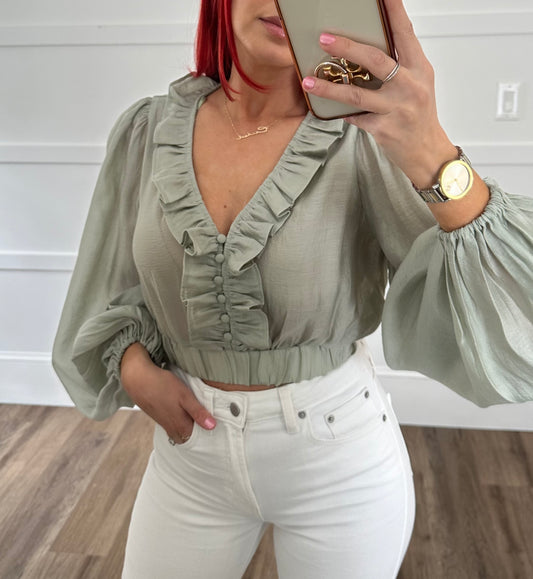 Ruffle V Neckline Puff Sleeve Crop Top