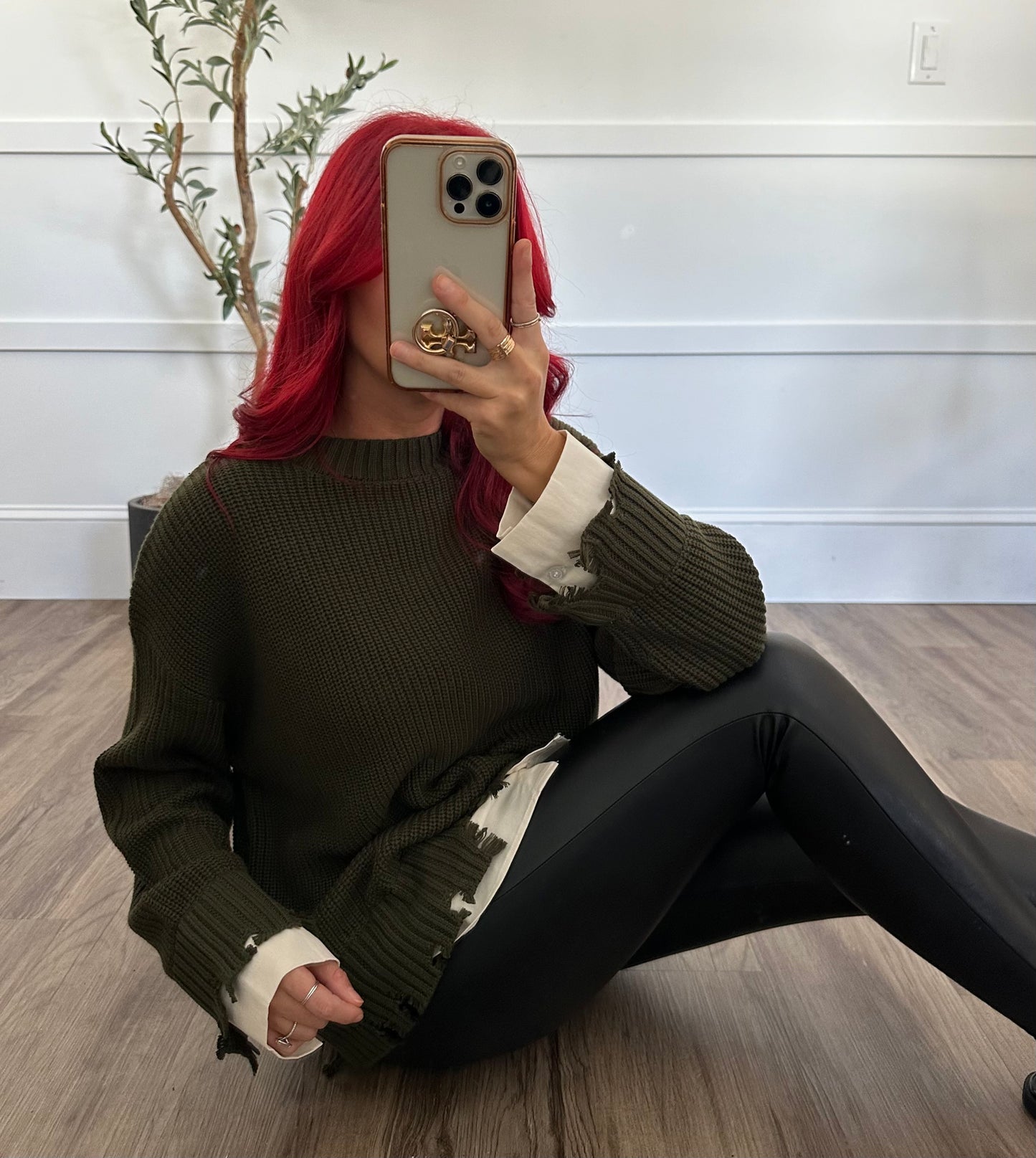 Distressed Poplin Contrast Knitted Sweater