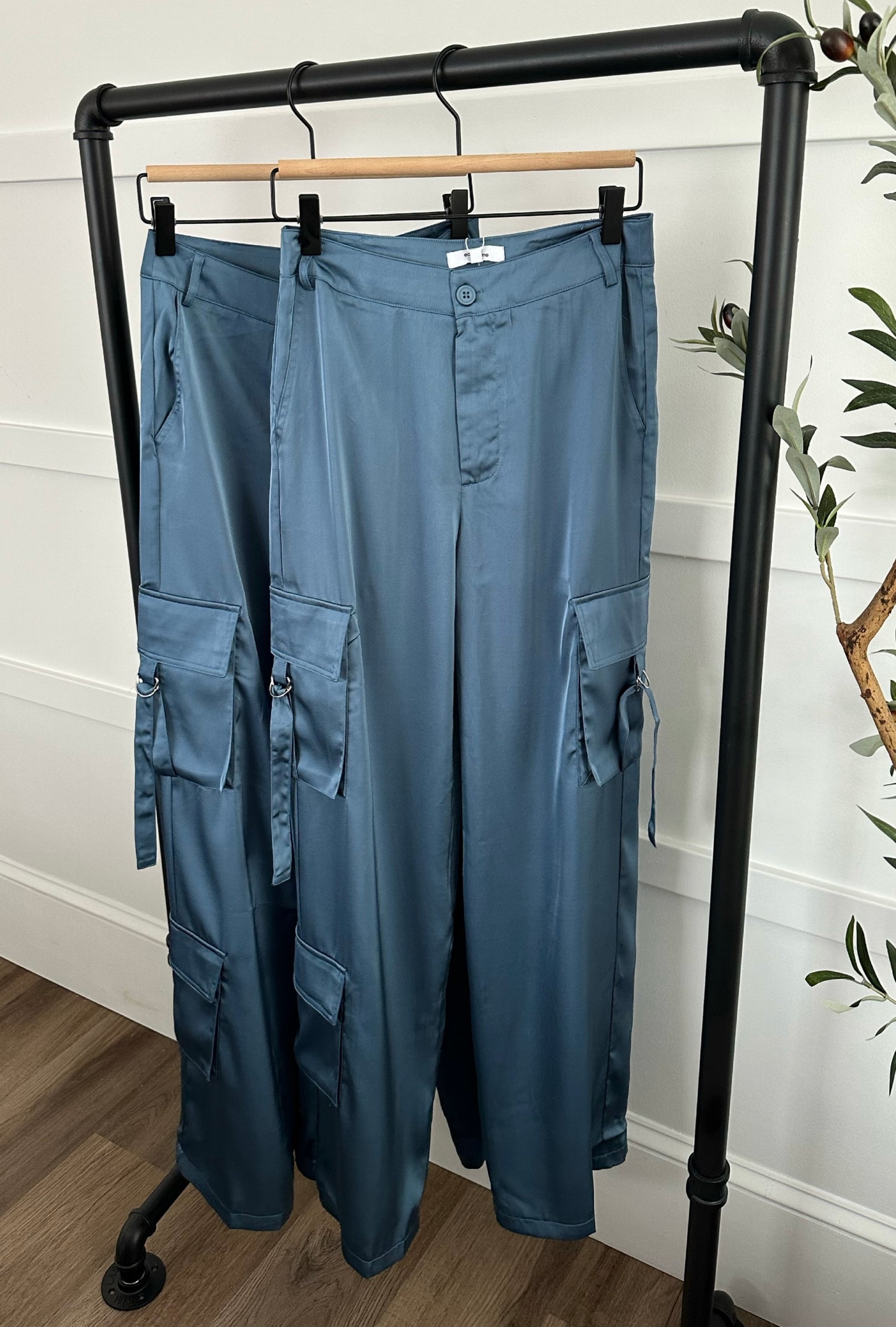 Alison Slate Blue Satin Cargo Pants