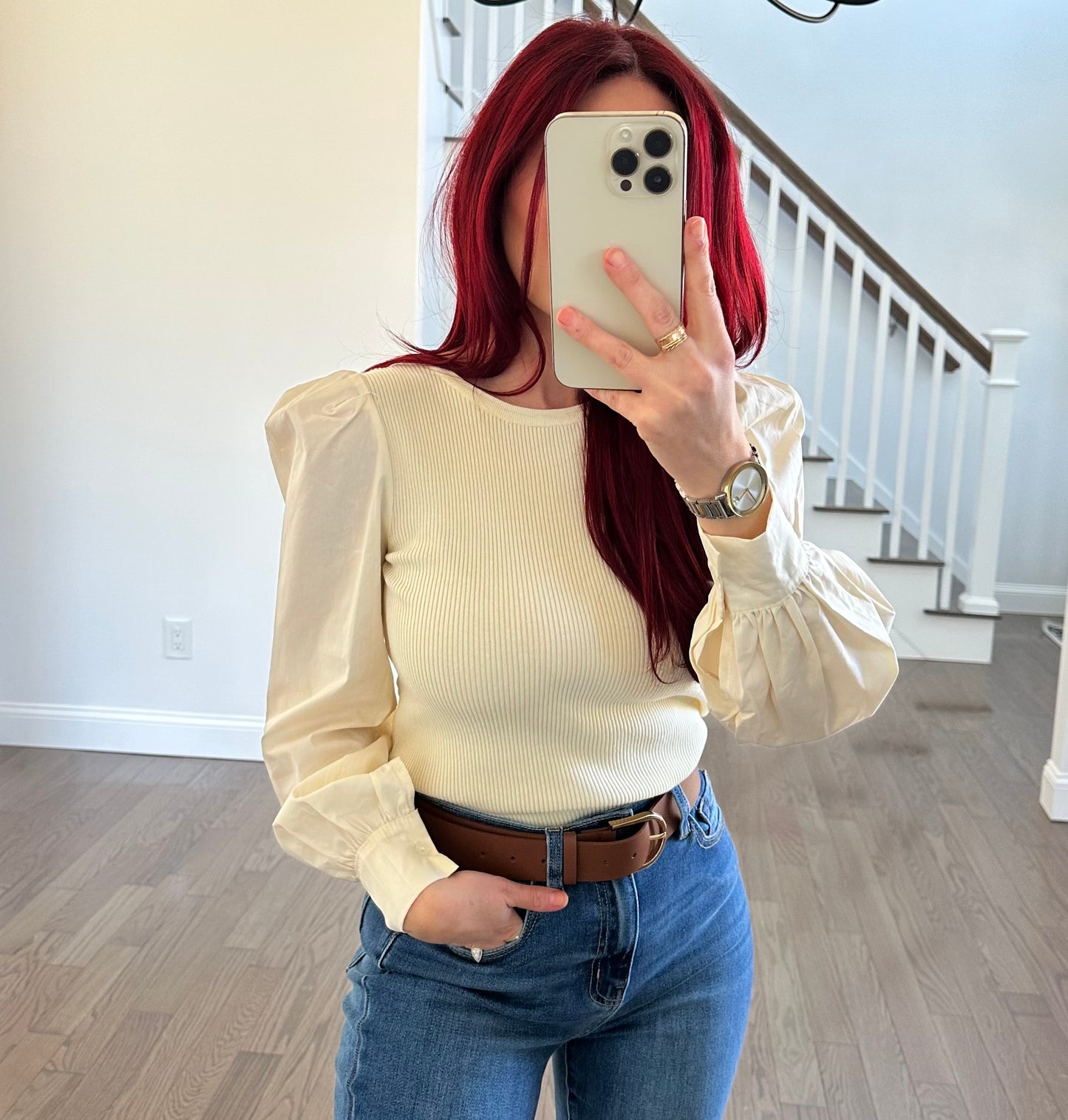 Knit Cream Puff Shoulder Sweater