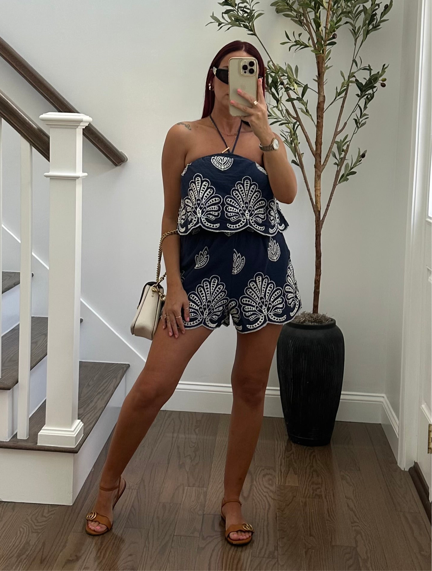 Navy Blue Embroidered Romper