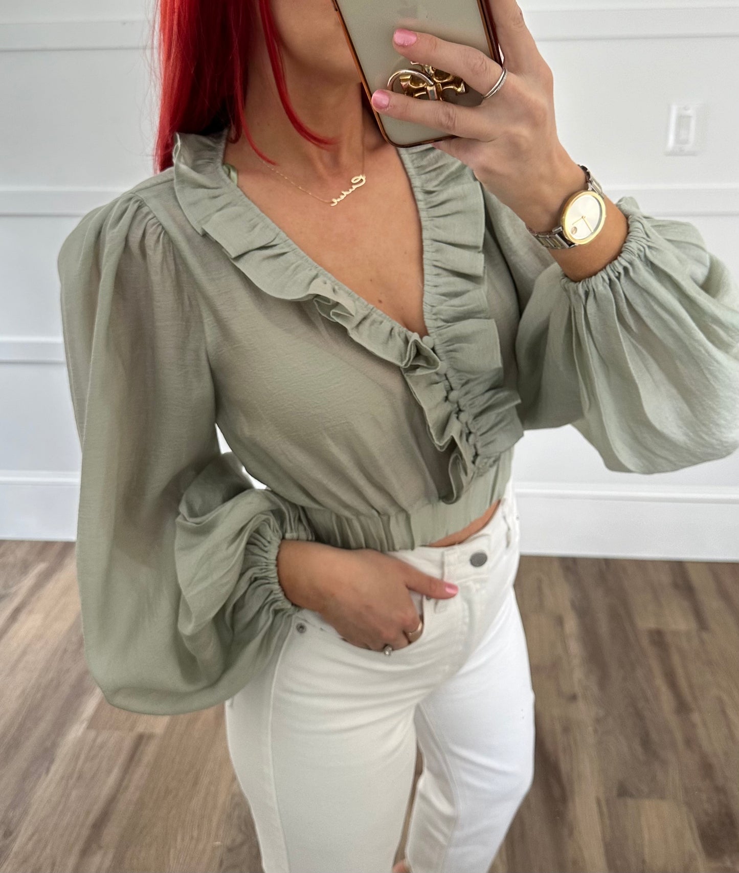 Ruffle V Neckline Puff Sleeve Crop Top