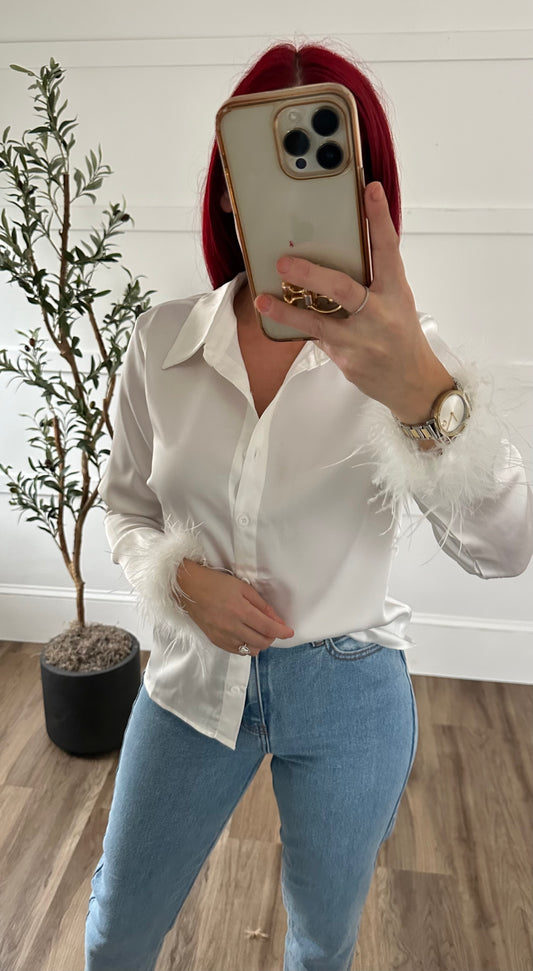 Alana Satin Feather sleeve Button Down