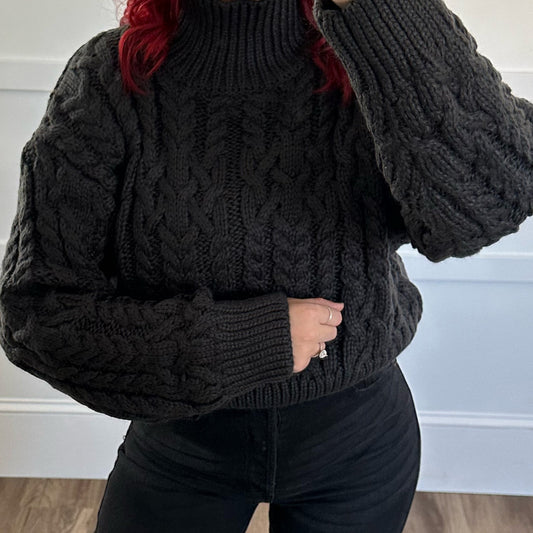 Charcoal Cable Knit High Neck Sweater