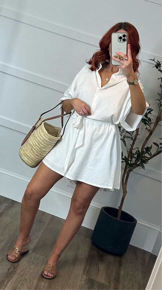 Collared Wide Sleeve Lace Up Waist Loose Romper