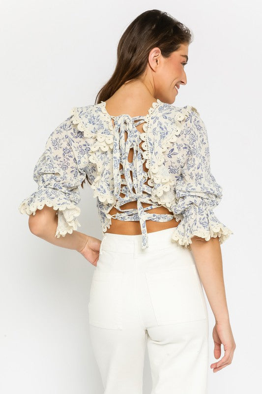 Blue Floral Lace Ruffled Top
