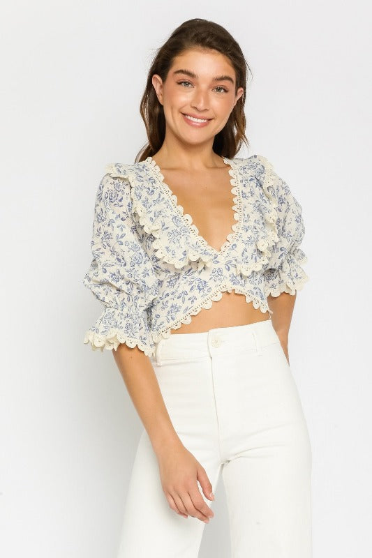 Blue Floral Lace Ruffled Top