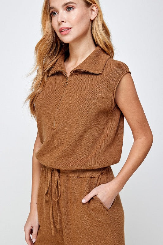 Half Zip Neck Sleeveless Knit Romper