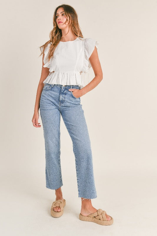 COTTON POPLIN LACE UP DETAIL RUFFLE PEPLUM TOP